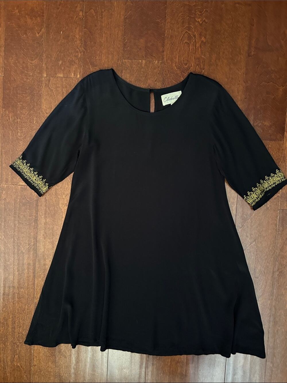Cleobella Shift Dress, Metallic Gold Embroidered Cuffs, Size Small